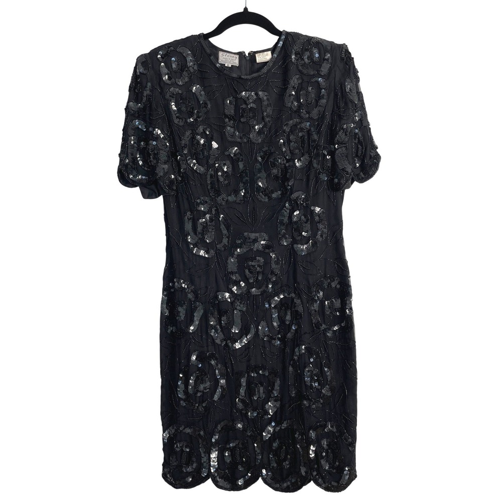 Stenay Vintage Black Silk Sequin Beaded Floral Cocktail Dress Size 10 Scalloped